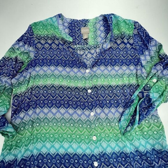 Chicos Blue/Green Diamond Pattern Button Down Size 2/L Roll Tab Sleeve - Picture 2 of 5